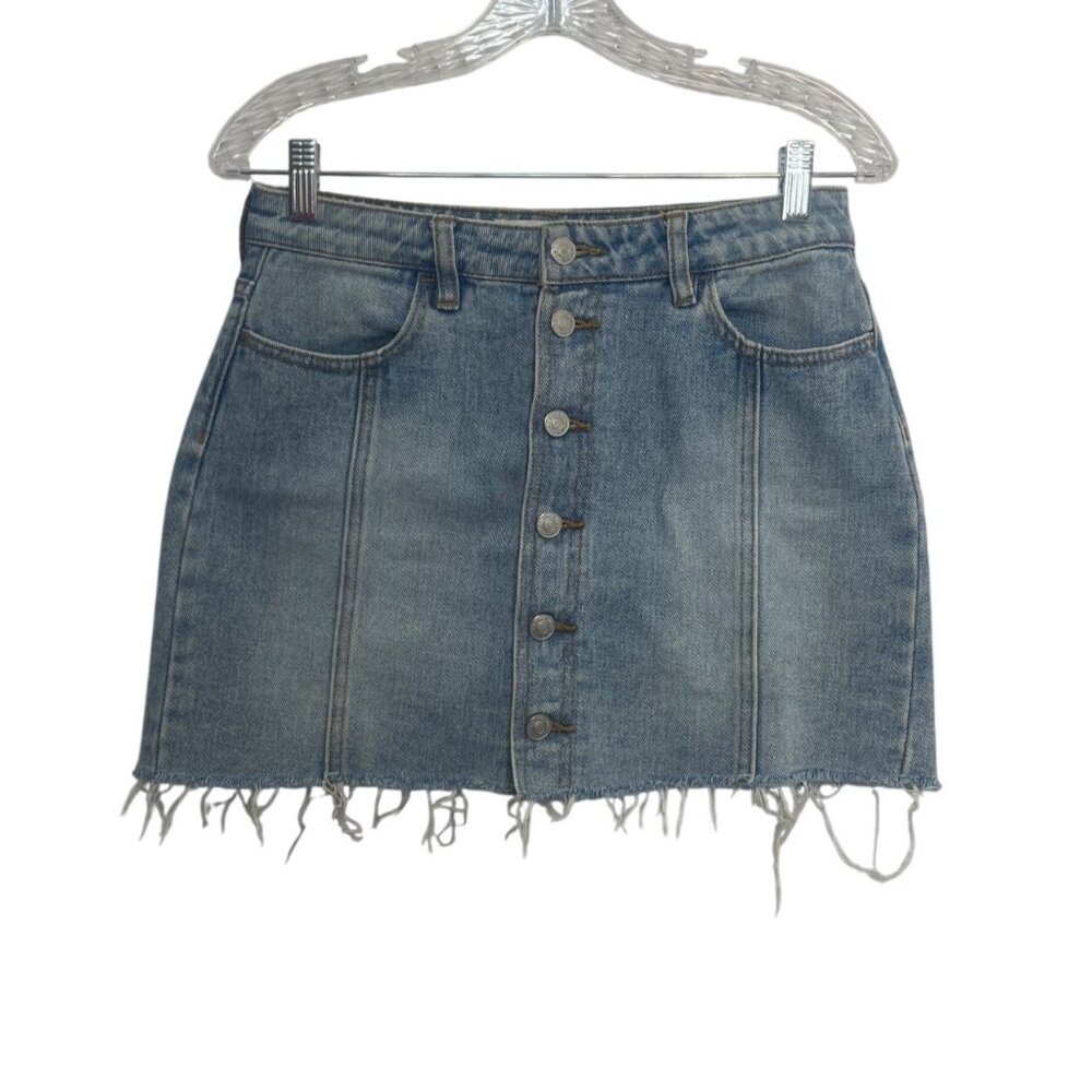 PacSun Denim Button Up Mini Skirt Womens Size 26 Blue Frayed Hem‎